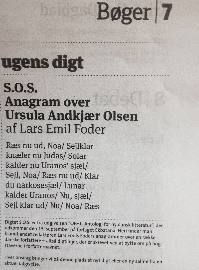 Lars Emil Foders anagramdigt over Ursula Andkjær Olsen.
